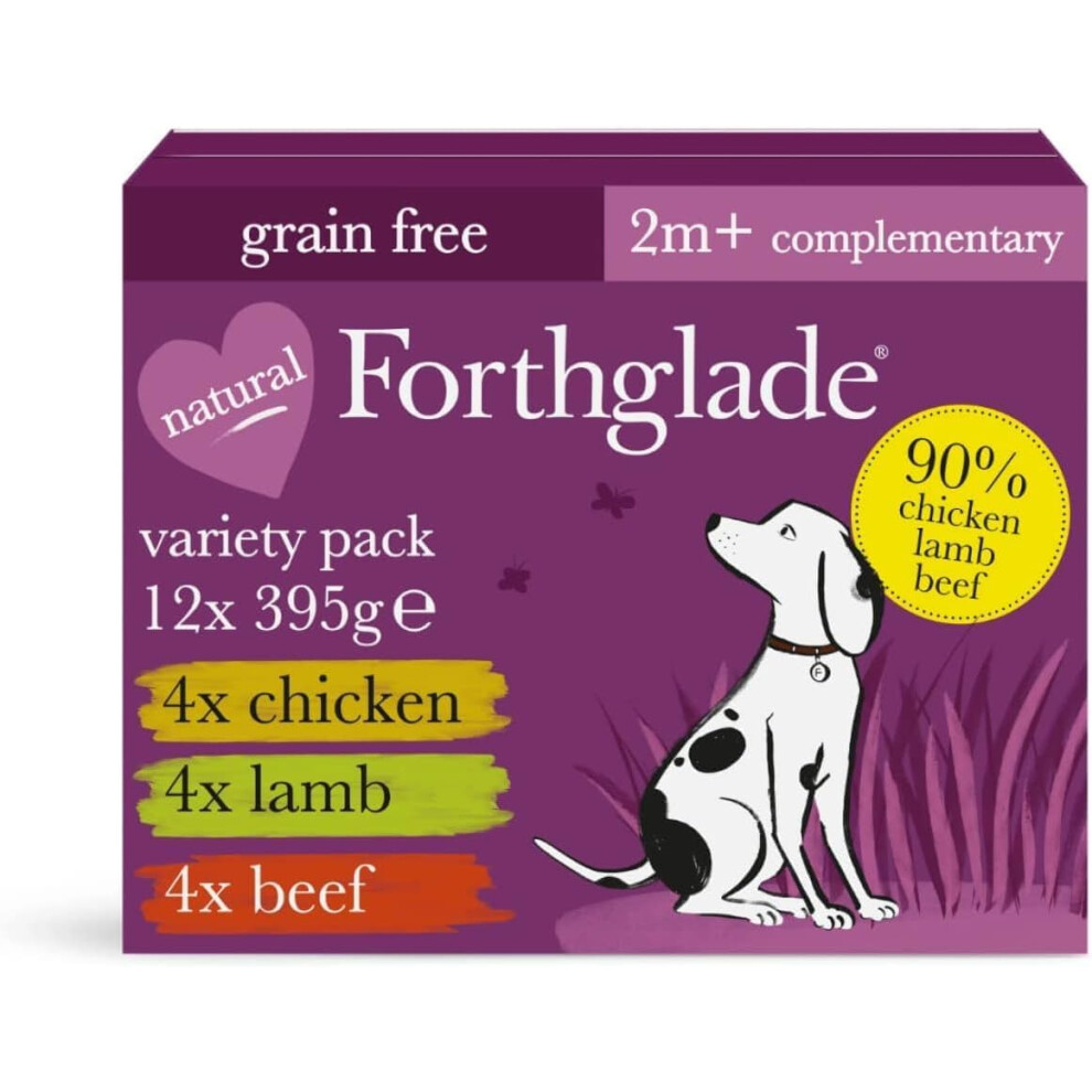 Forthglade Complementary Wet Dog Food Variety Pack (12 X 395G Trays) - Adult, Just Chicken, Lamb & Beef, 90% Meat, Free & Stomach Sensitive With Grain
