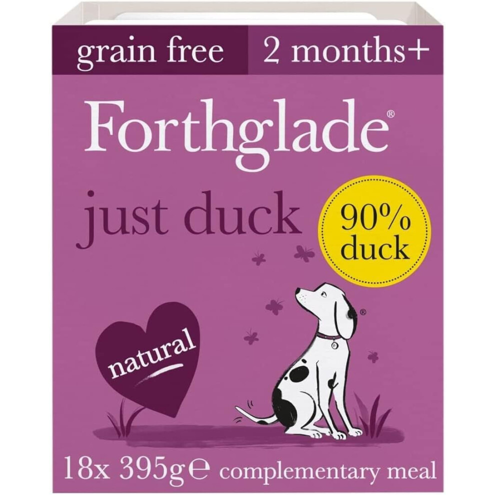 Forthglade Complementary Wet Dog Food (18 X 395G Trays) - Just Duck With Vegetables, 90% Duck, Free Stomach Sensitive Dog Food With Natural Grain