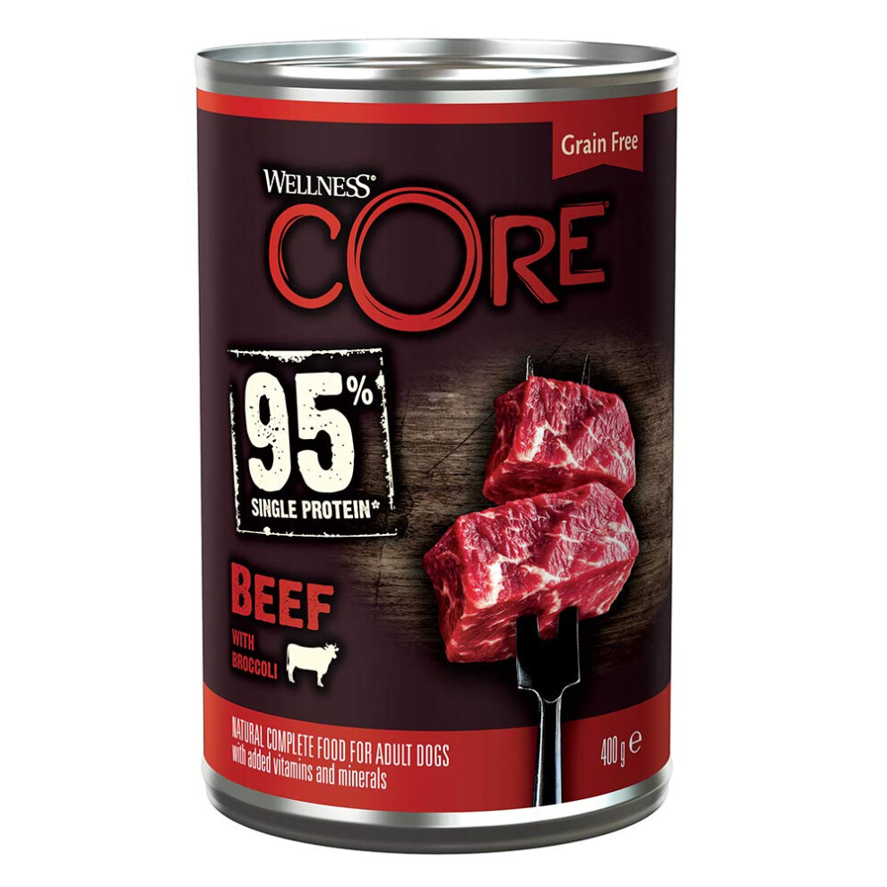Wellness Core 95 Percent Beef & Broccoli, 6 X 400G, Dog Food Wet For All Dog Breeds, Chunky Pat?, Grain-Free, High Meat Content, Protein-Rich, Limited