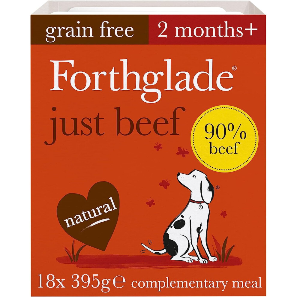Forthglade Complementary Wet Dog Food (18 X 395G Trays) - Just Beef With Vegetables, 90% Beef, Free Stomach Sensitive Dog Food With Natural Grain
