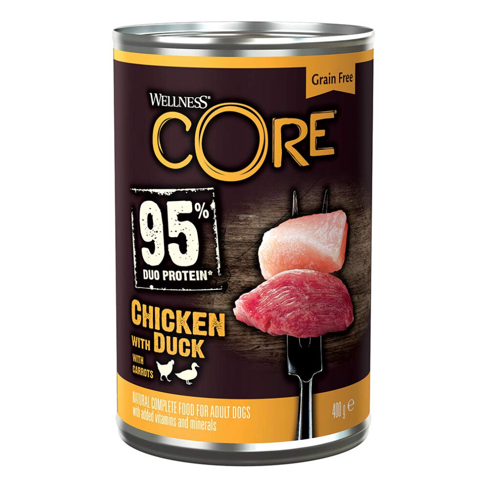 Wellness Core 95 Percent Chicken & Duck, 6 X 400G, Dog Food Wet For All Dog Breeds, Chunky Pat?, Grain-Free, High Meat Content, Protein-Rich, Limited