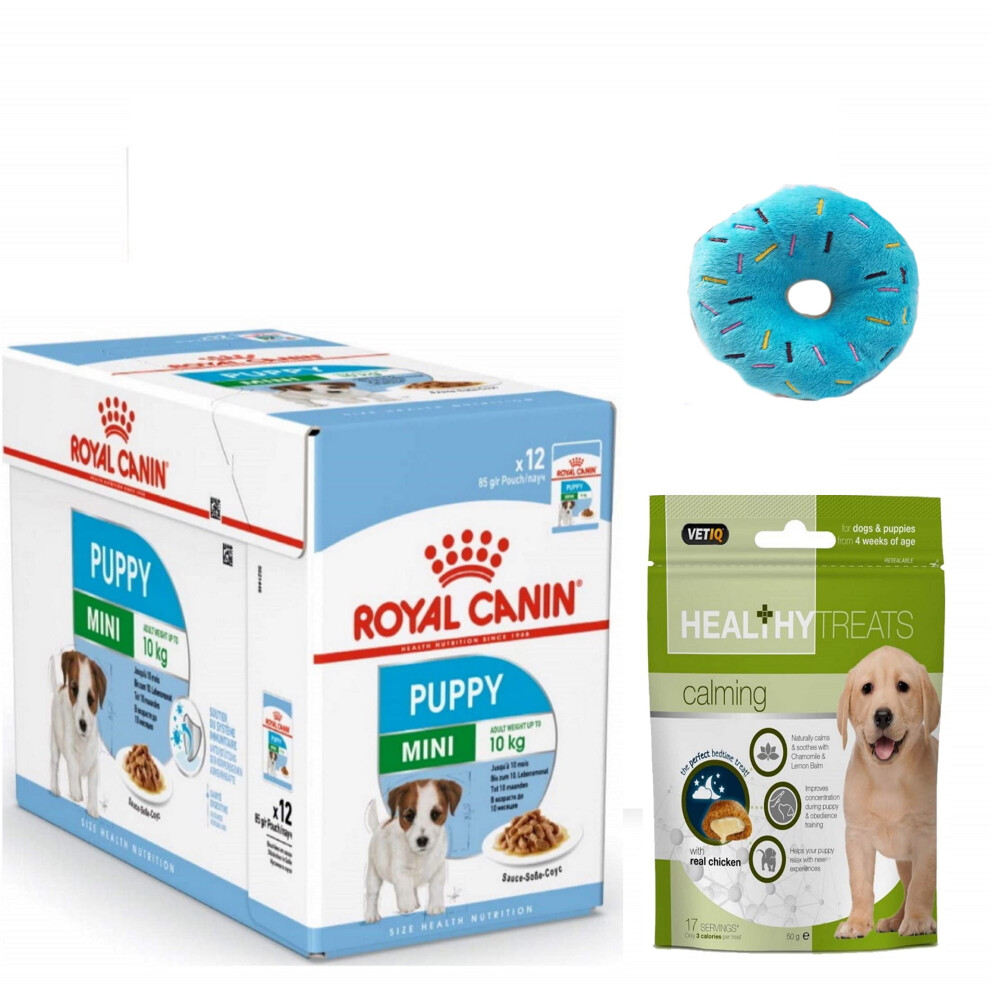 ROYAL CANIN Mini Puppy Food in Gravy x12 (85g) & Calming Treats. Donut Plush Squeaky Puppy Toy