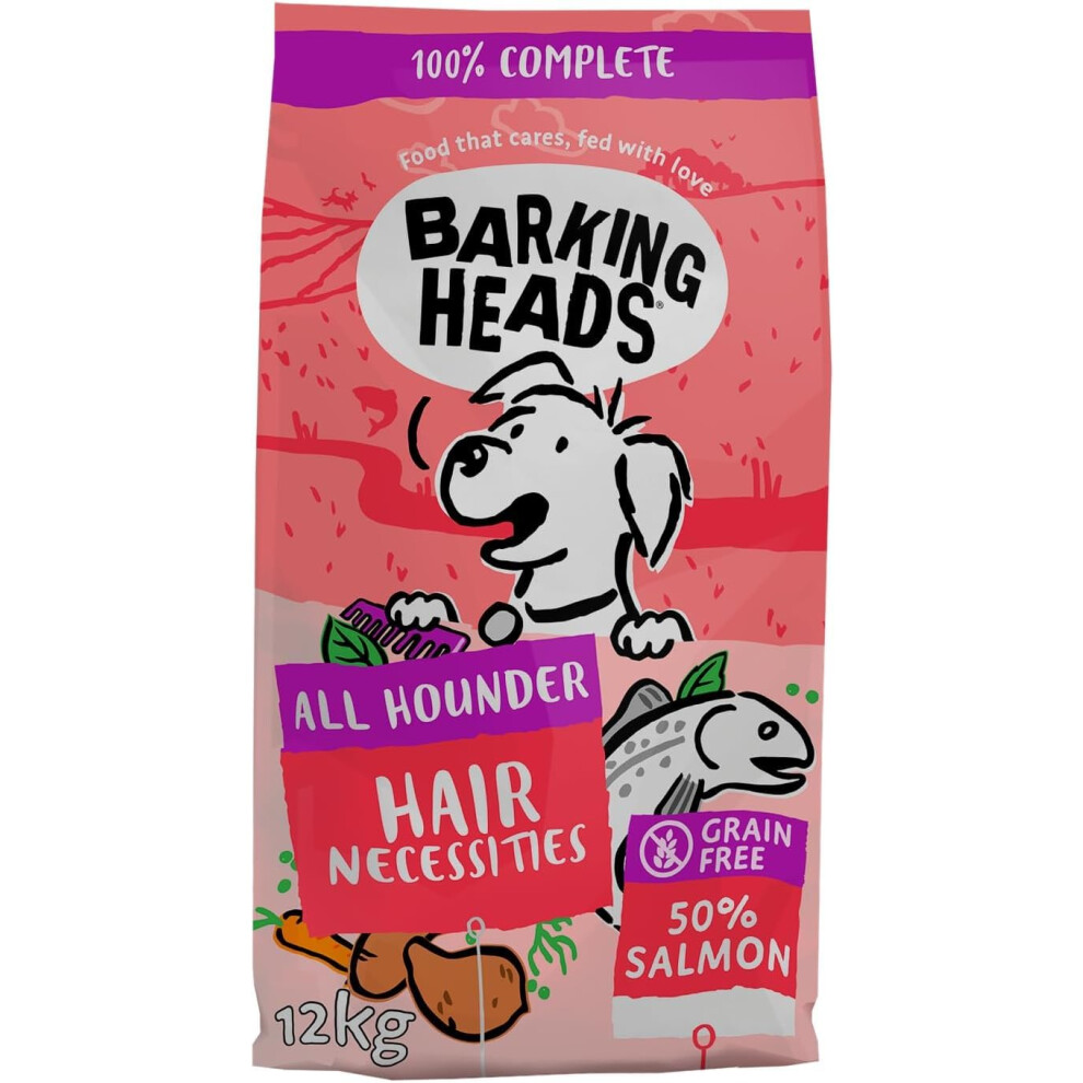 Barking Heads Complete Dry Dog Food 12Kg - Adult All Hounder Hair Necessities - Natural Free Hypoallergenic For Skin & Coat - Vet Salmon/Grain