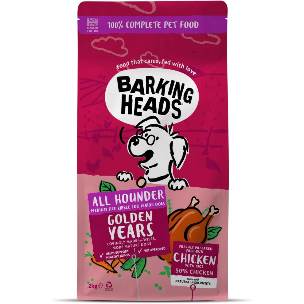Barking Heads Complete Dry Dog Food 2Kg - Senior All Hounder Years Chicken - Natural Senior Recipe With Joint Support - Vet Approved Golden