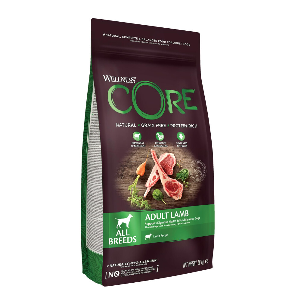 Wellness CORE Adult Lamb, 1.8kg, Lamb, Dry Dog Food for All Dog Breeds, All-Natural, Grain-Free, High Meat Content, Protein-Rich, Supports Healthy