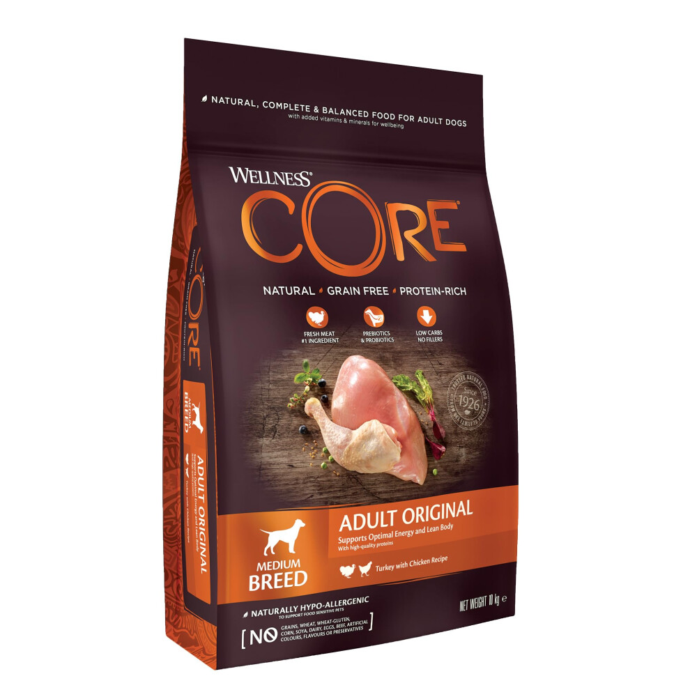 Wellness Core Adult Original, 10Kg, Chicken & Turkey, Dry Dog Food For Medium Breed Dogs, All-Natural, -Free, High Meat Content, Protein-Rich, No Grain