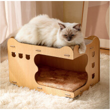 Cardboard Cat House Scratcher with Fur Pad, Wooden Cat Scratchers for Indoor Cats with Corrugated Cardboard