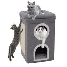 Foldable Cat House with Cube - Large Cat Cave Condo With Scratching Board & Cushions, Small Dog & Puppy Friendly (40 x 40 x 60 cm)