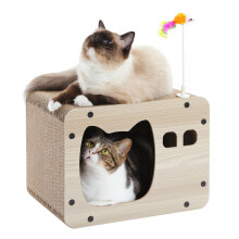 PETEPELA Cat Scratching Post Cat Cardboard House Cat Scratcher Board Cardboard Corrugated 2 in 1 All Sided Use Scratching Pad with Spring Mouse Toy