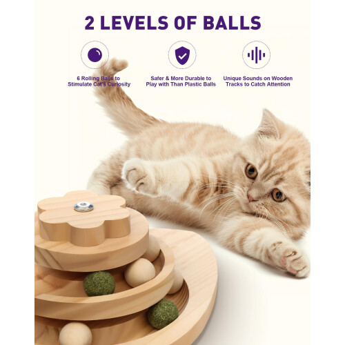 Multifunctional Cat Scratching Post ? Scratching Post for Indoor Cats with Widened Solid Wood Base, Two Sisal Rope Balls, Interactive Track & Spring 2