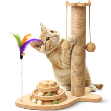 Multifunctional Cat Scratching Post ? Scratching Post for Indoor Cats with Widened Solid Wood Base, Two Sisal Rope Balls, Interactive Track & Spring
