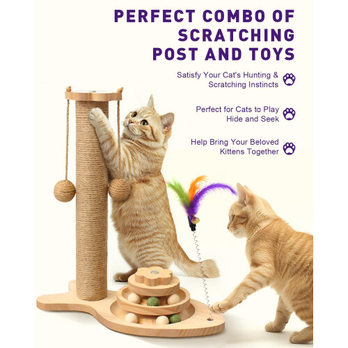 Multifunctional Cat Scratching Post ? Scratching Post for Indoor Cats with Widened Solid Wood Base, Two Sisal Rope Balls, Interactive Track & Spring 1