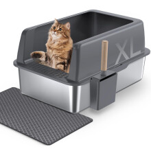 Gimars XL Cat Litter Box Stainless Steel, Large Stainless Steel Litter Tray, 20L Cat Litter Tray with Litter Scoop & Mat, Metal Litter Tray Good for