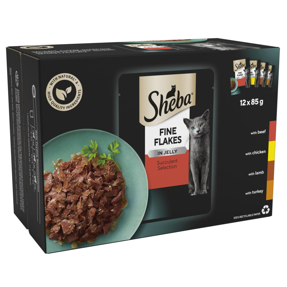 Sheba Fine Flakes Wet Cat Food Pouches - Multipack Succulent Collection With Beef, Chicken, Lamb And Turkey In Jelly, Pack Of 4 (4 X 12 Pouches X 85