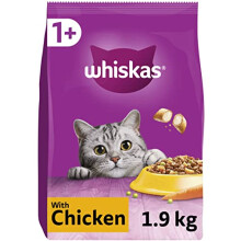 Whiskas 1+ Chicken Pack of 4 x 1.9 kg Bags, Adult Cat Dry Food