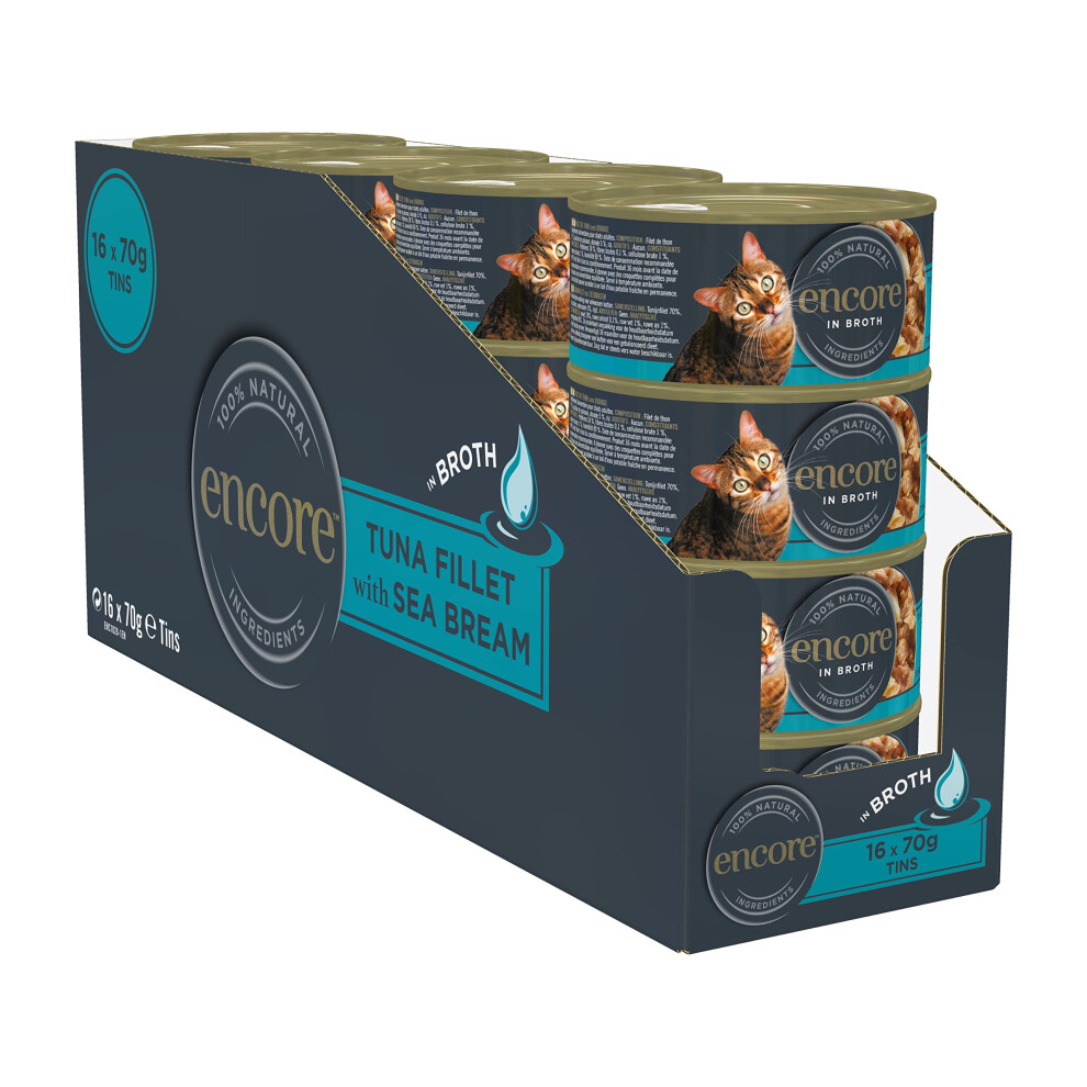 Encore 100% Natural Wet Cat Food, Tuna With Seabream In 70G Tins (Pack Of 16)
