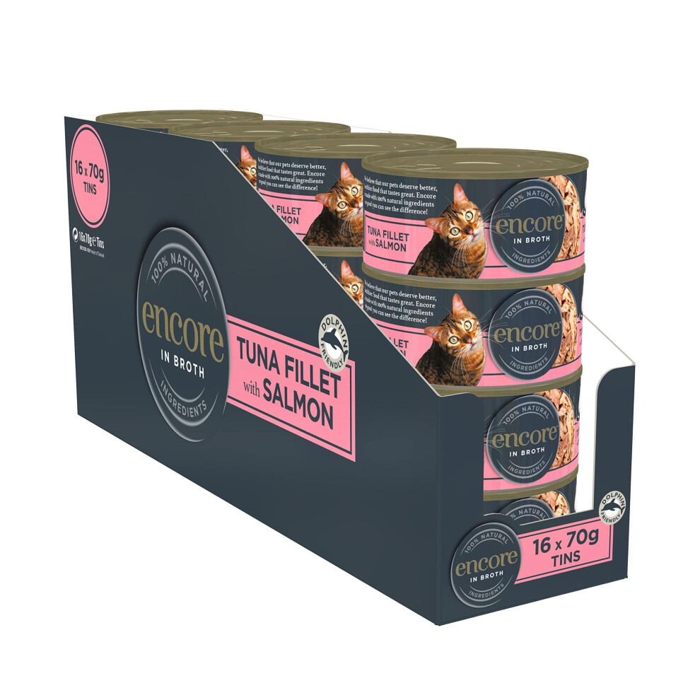 Encore 100% Natural Wet Cat Food, Tuna With In Broth (Pack Of 16 X 70G Tins) Salmon