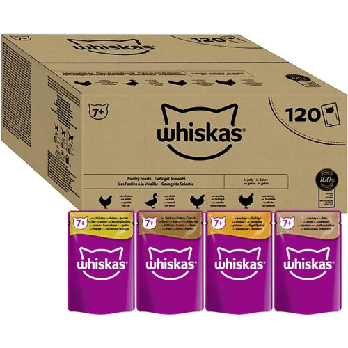 WHISKAS - 7+ Senior Wet Cat Food Pouches - 120 x 85 g - In Jelly - Bulk Cat Food Megapack - 120 Pouches