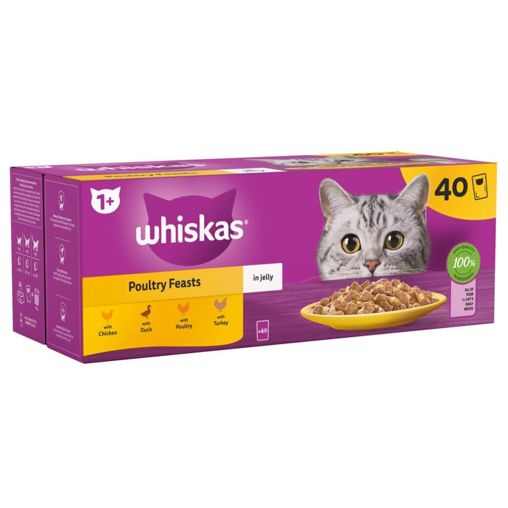 Whiskas - 1+ Adult Wet Cat Food Pouches - 40 X 85 G - Poultry Selection - Bulk Cat Food Megapack - 40 Jelly Pouches