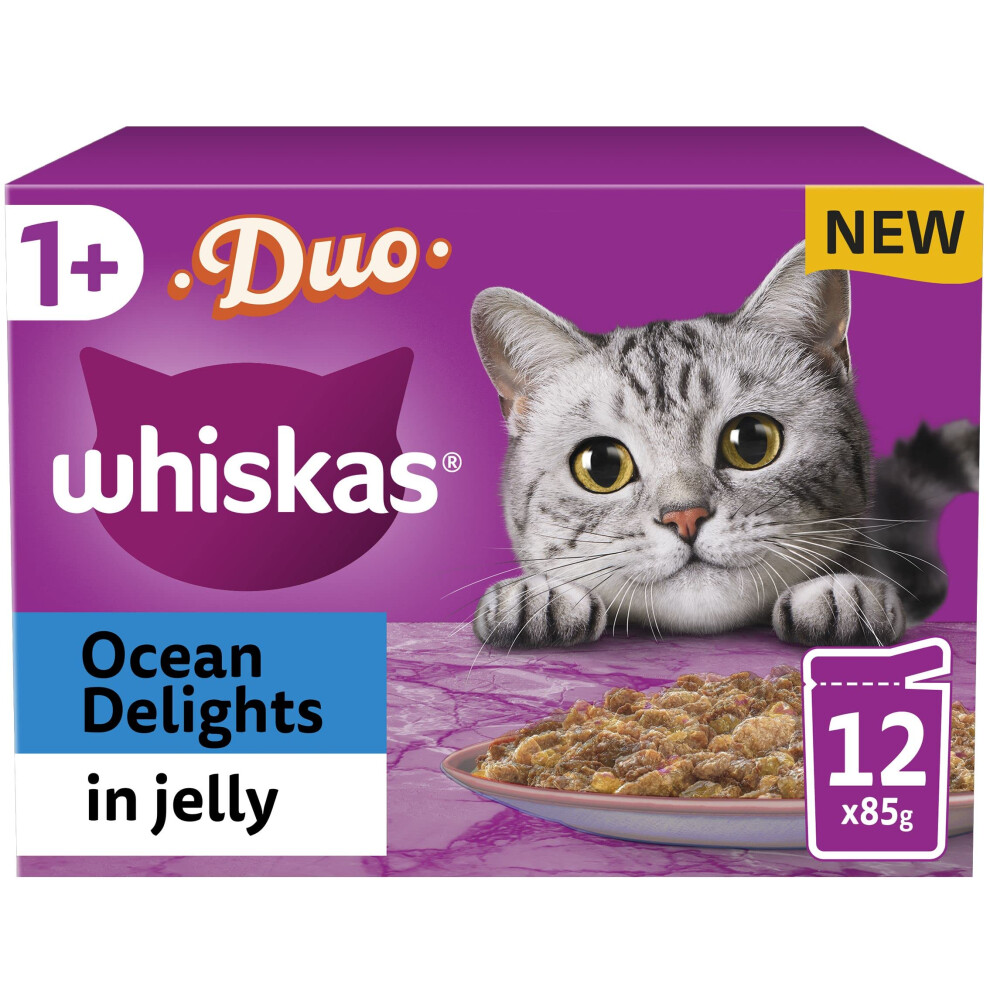 Whiskas Tasty Duo 1+ Ocean Delight In Jelly 48 X 85 G Pouches, Adult Cat Food, Pack Of 4 (12 X 85 G)