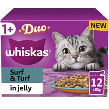 Whiskas Tasty Duo 1+ Surf and Turf in Jelly 48 x 85 g Pouches, Adult Cat Food, Pack of 4 (12 x 85 g)