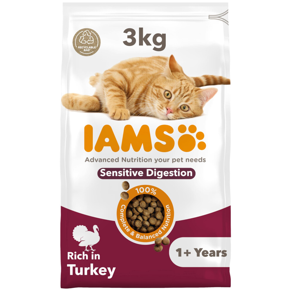 Iams Sensitive Digestion Complete Dry Cat Food Turkey 3Kg - With Prebiotics