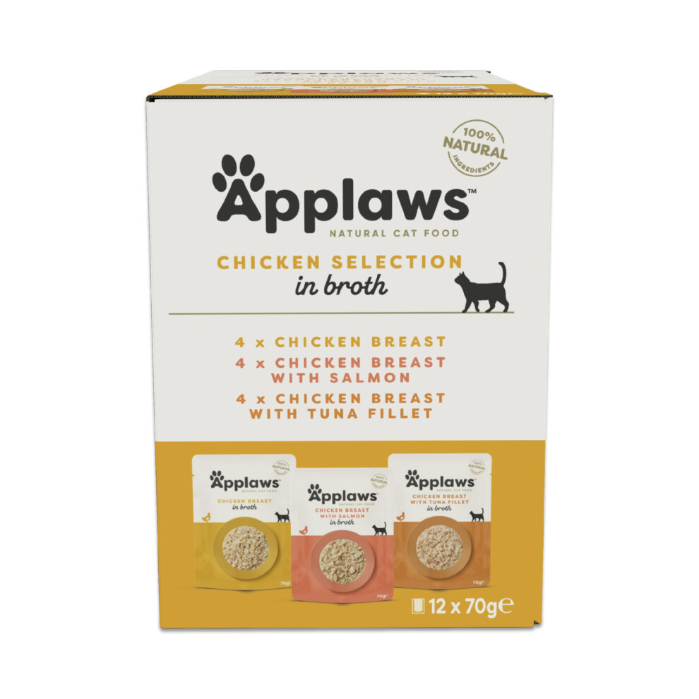 Applaws 100% Natural Wet Cat Food, Pouch Multipack Chicken Selection In Broth, 70 G (12 X 70 G Pouches)