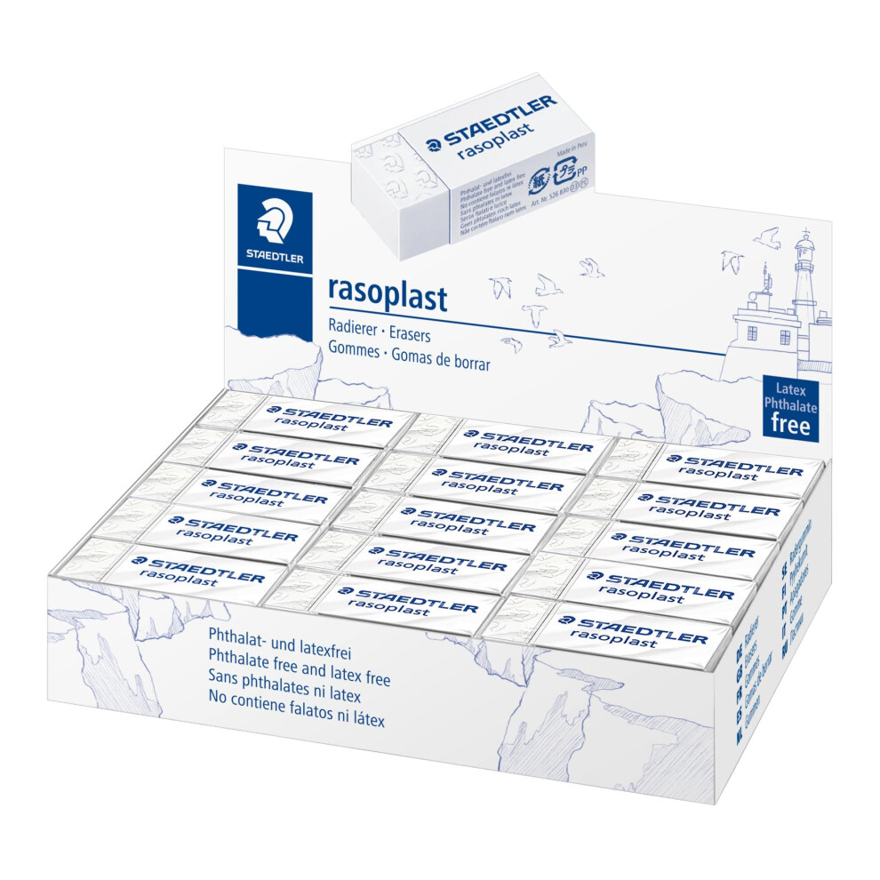 Staedtler 526 B30 Rasoplast Eraser, Latex & Phthalate-Free - Small Size 43 X 19 X 13 Mm (Pack Of 30)