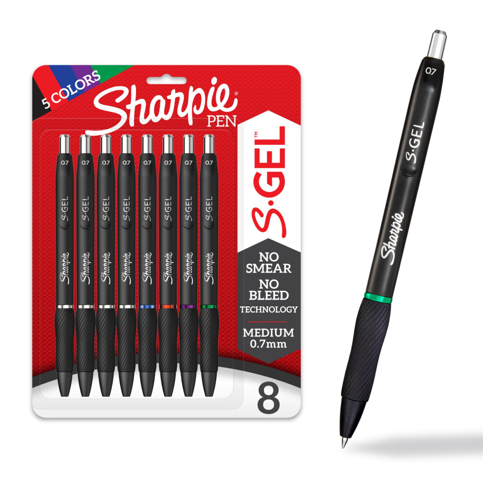 Sharpie S-Gel, Gel Pens, Medium Point (0.7mm), Assorted Colors, 8 Count