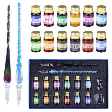 OFUN Glass Dip Pen Set, Crystal Ink Pen Set with 2 Glass Pens, 12 Colorful Inks?Pen Holder and Cleansing Cup, Dip Pens for Art, Writing, Drawing,