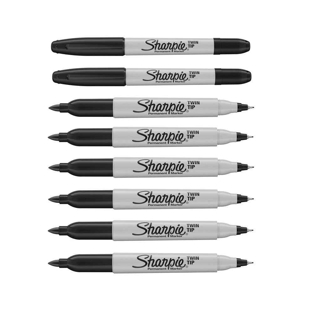 Sharpie Twin Tip Permanent Marker Pens - Black Ink - Pack of 8 - Fine & Ultra Fine Tips