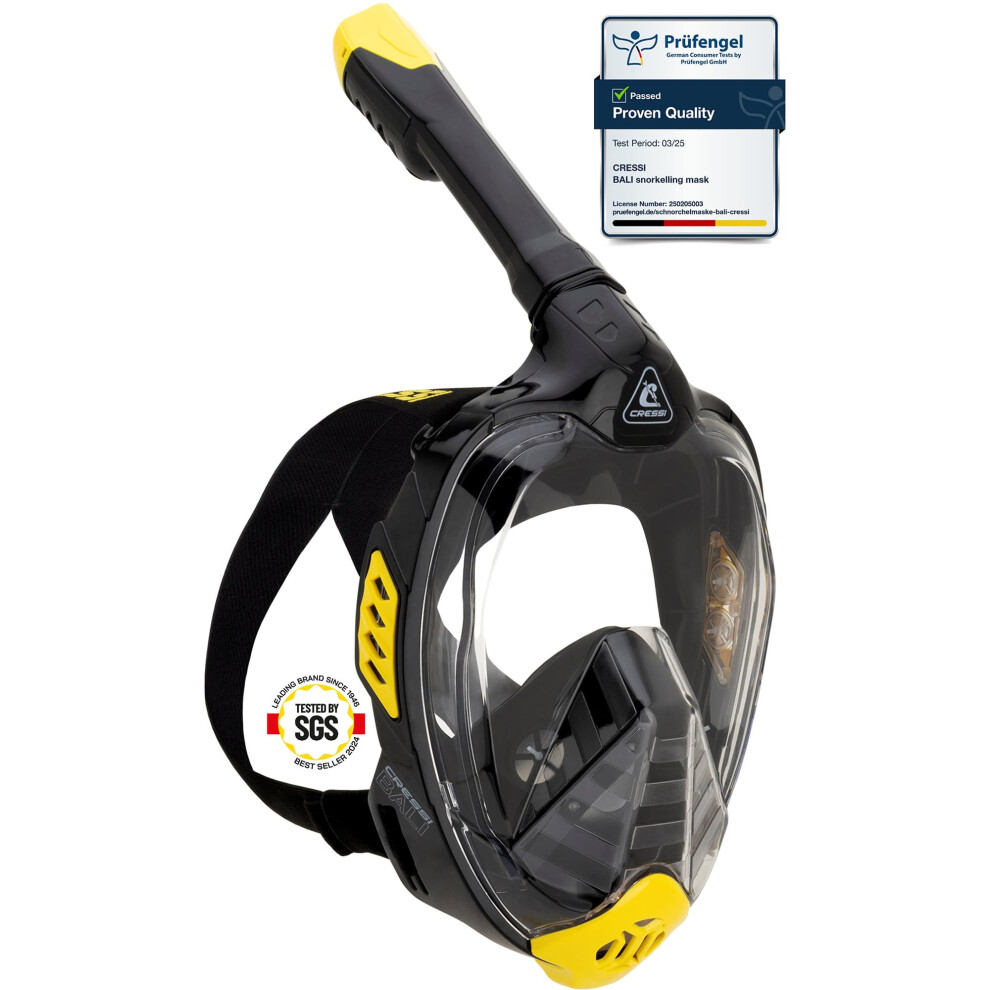 CRESSI Bali Full Face Mask Black/Yellow L/XL - Unisex Integral Snorkel Mask, Anti Fog Clear Lens, 100% Silicone, Dry Snorkel with Float Valve, Action
