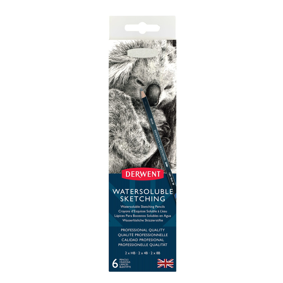 Derwent 0700837 Watersoluble Sketching Pencils, Drawing & Writing, Set Of 6, Includes 3 Degrees (HB, 4B, 8B) & Pencil Sharpener, Ideal For Sketching,