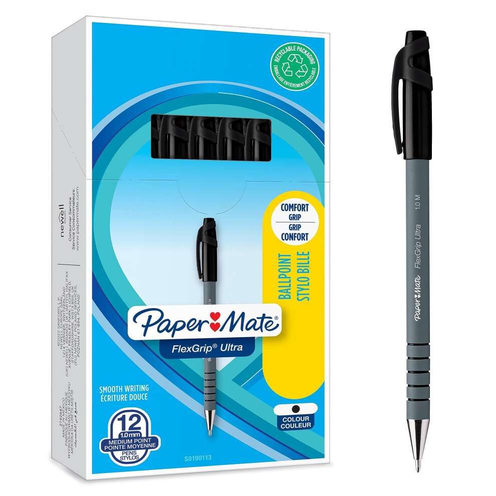 Paper Mate Flexgrip Ultra Ballpoint Pens | Medium Point (1.0Mm) | Handwriting Pens & Stationery Supplies | Pen Set | 12 Count Black