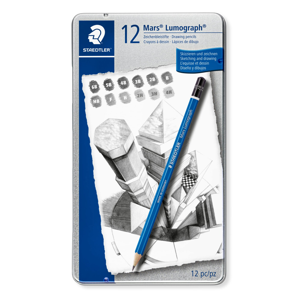 STAEDTLER 100 G12 Mars Lumograph Graphite Pencils For Drawing & Sketching - Assorted Degrees, 6B-4H (Tin Of 12 Pencils)