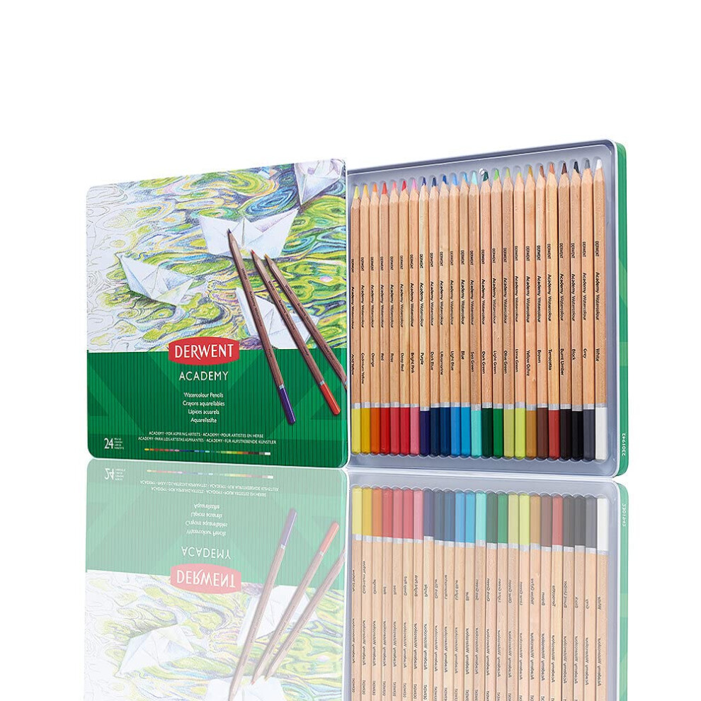 Derwent Academy Watercolour Pencils, Set of 24 in Tin, Multicolour Artist?s Pencils, Ideal for Wet or Dry Colouring, Drawing & Illustration, Premium