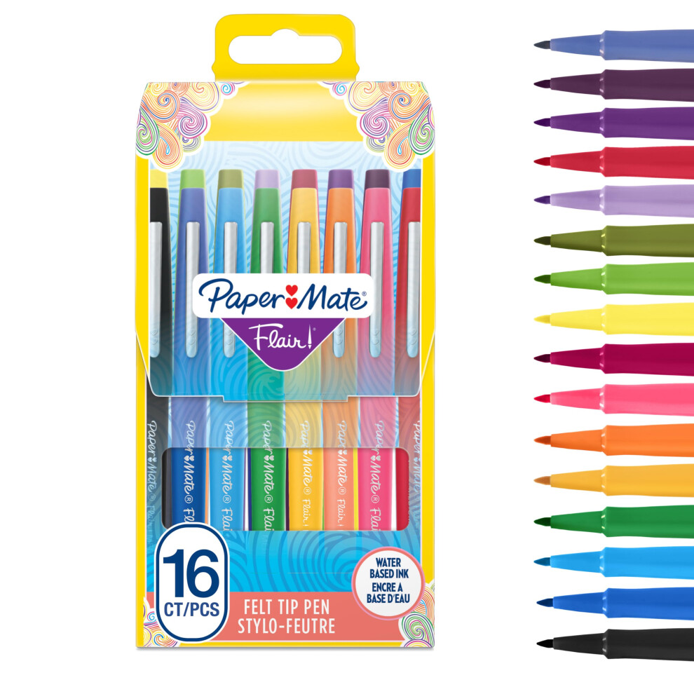 Paper Mate Flair Felt Tip Pens | Medium Point (0.7 mm) Marker Pens | Assorted Colouring Pens | For Kids & Adult Colouring, Journalling & More | 16
