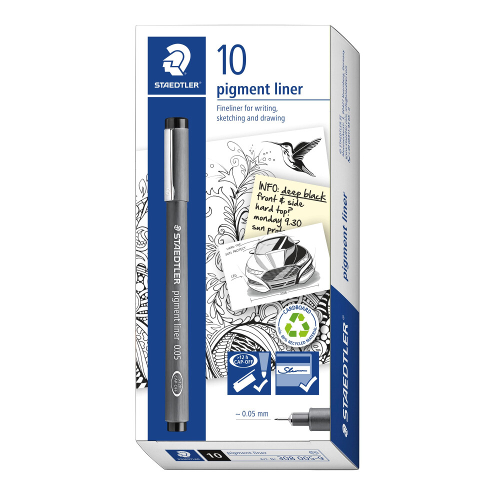 STAEDTLER 308 005-9 Pigment Liner Fineliner Pen for Writing & Technical Drawing - Black, 0.05mm (Box of 10)
