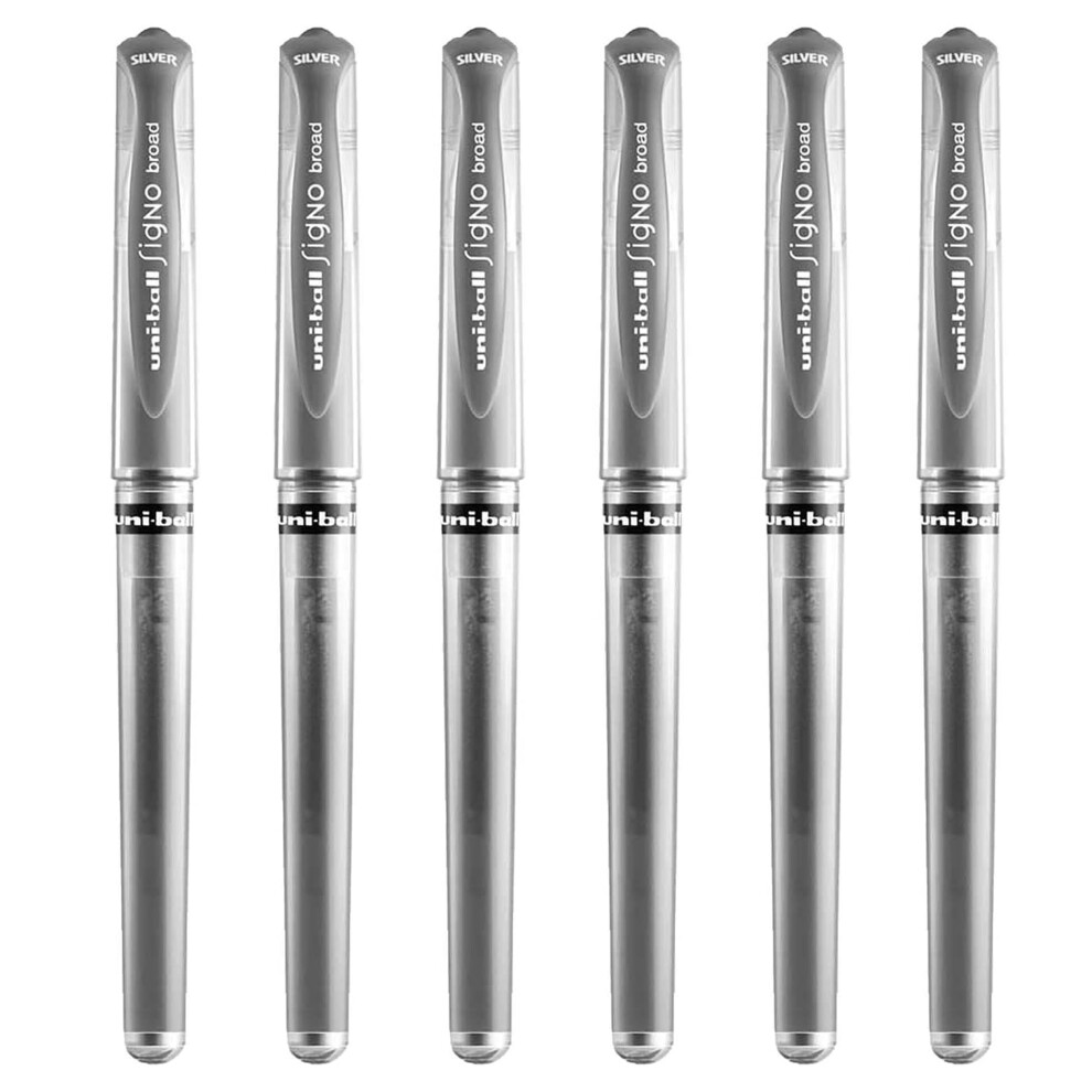 Uni Ball Silver Signo Pen Broad Metallic Gel Ink Rollerball Metal 1mm Tip Nib 0.65mm Line Width With Rubber Grip UM-153 (Pack Of 6)