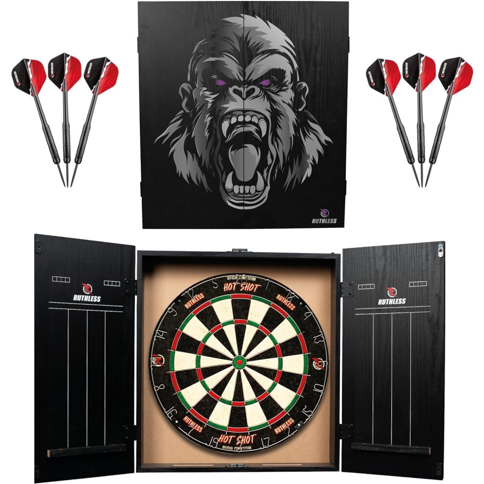 Ruthless Home Darts Centre | Complete Home Dart Board Centre Including Cabinet, Dartboard And 2 Sets Of Darts (Gorilla)