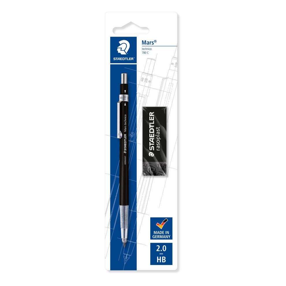 STAEDTLER 780 C BKP6 Mars Technico Leadholder Clutch Pencil with Built-In Sharpener - HB, 2mm Line Width (Pack of 1 + FREE Eraser)