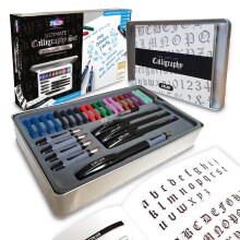 Zieler Ultimate Calligraphy Pen Set ? 32-piece Gift Tin Set ? 4 Soft Grip Calligraphy Pens ? 5 free-flowing Nib sections ? 20 Ink cartridges ? Ink