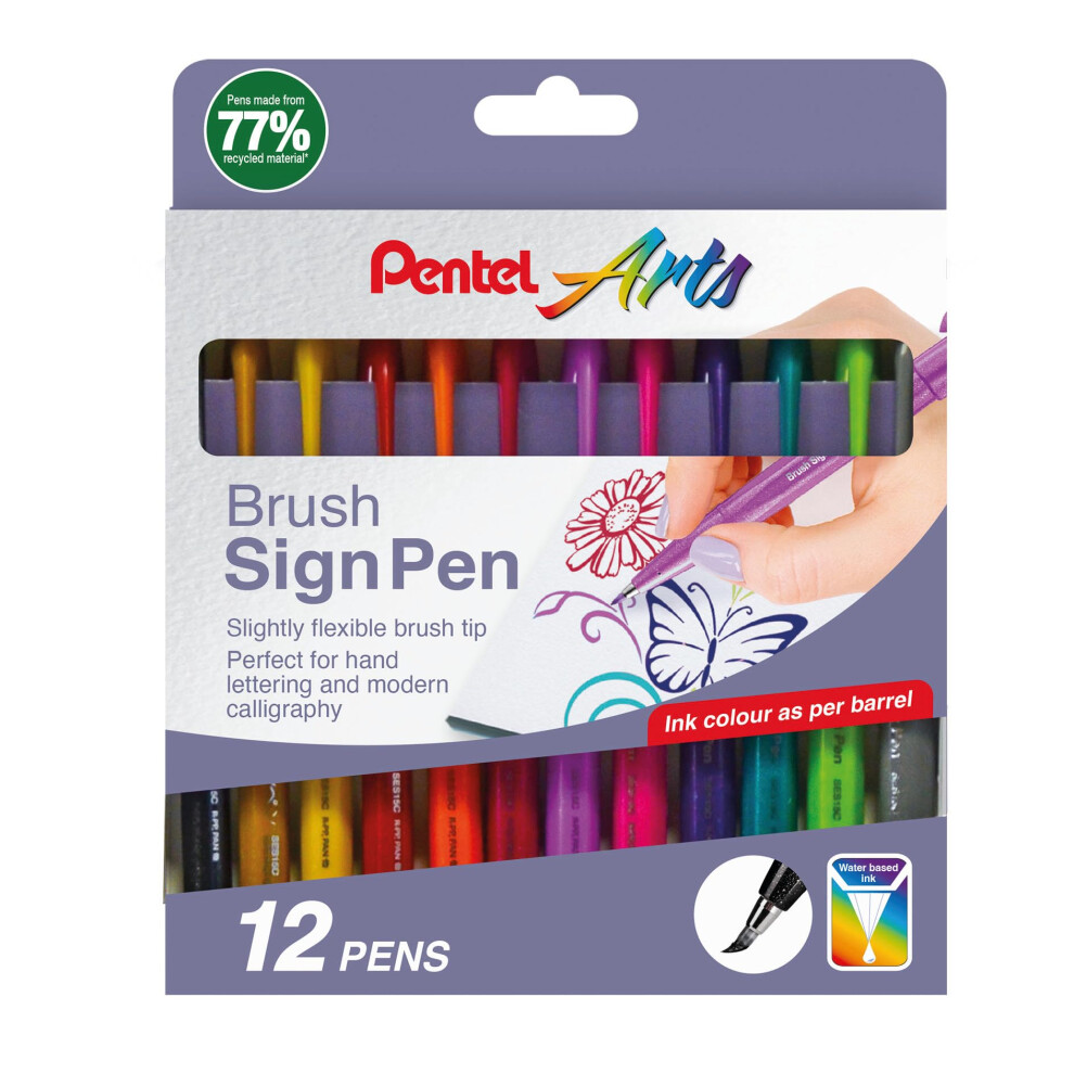 Pentel Arts Ses15c Brush Sign Pen Assorted Colours (Wallet Of 12)