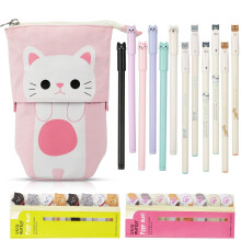 hocadon Canvas Cat Telescopic Pouch Bag with 6pcs Cute Cat Pens Black Ink 0.5 mm, 6pcs Cute Cat Pens 0.38 mm, 320pcs Cat Notes Page Flags Index Tabs,