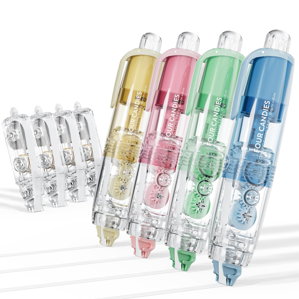 Four Candies White Out Correction Tape, 4Pcs Refillable Retractable Cute Colorful Quick Dry Easy To Use White Out With 2 Replacement Tapes For Home 5051220453621
