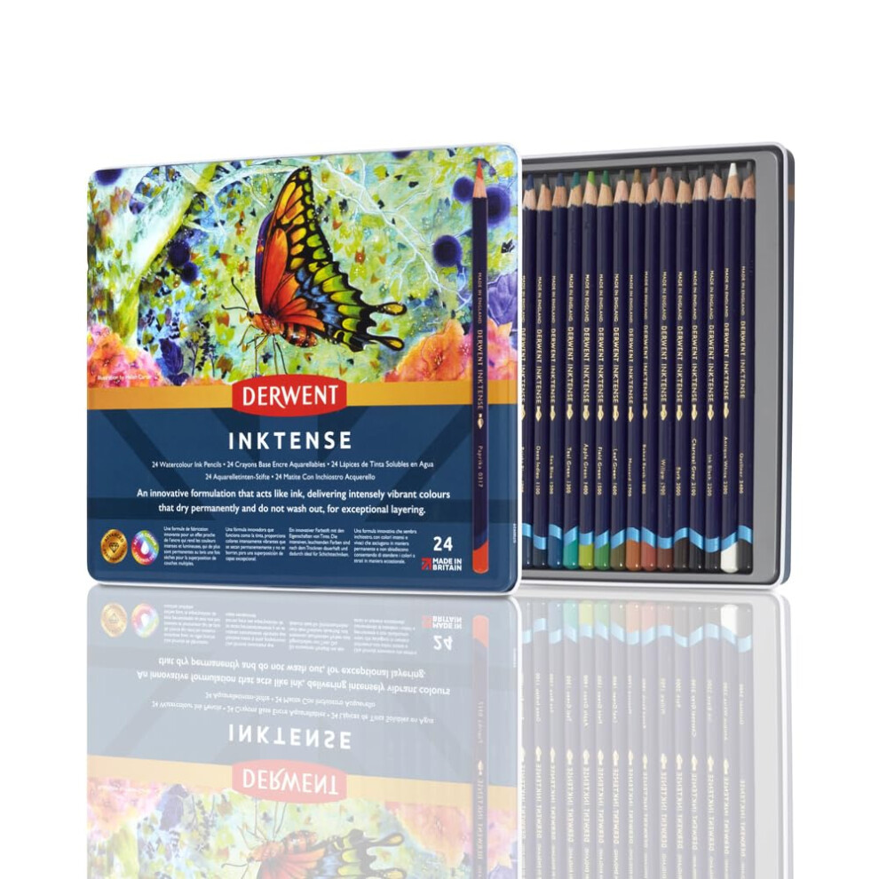 Derwent Inktense Permanent Watercolour Pencils, Set of 24 in a Tin, 4mm Premium Core, Water-Soluble, Ideal for Colouring, Painting and Crafting,