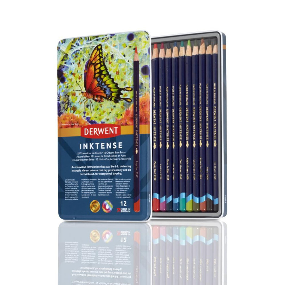 Derwent Inktense Permanent Watercolour Pencils, Set of 12 in a Tin, 4mm Premium Core, Water-Soluble, Ideal for Colouring, Painting and Crafting,