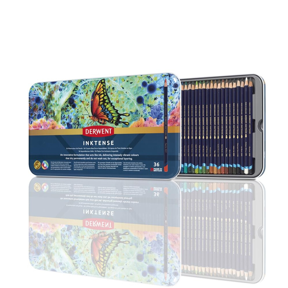 Derwent Inktense Permanent Watercolour Pencils, Set of 36 in a Tin, 4mm Premium Core, Water-Soluble, Ideal for Colouring, Painting and Crafting,