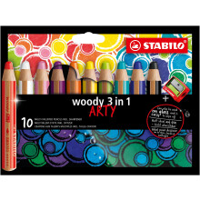 STABILO woody 3-in-1 - Multi-Talented Pencil - ARTY - Pack of 10 - Assorted Colours with Sharpener