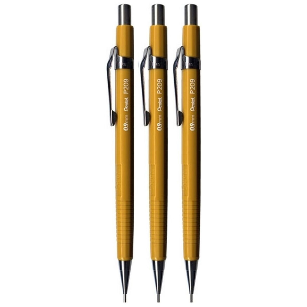 Pentel 0.9Mm (P209) Yellow P200 Series Automatic Mechanical Draughting Pencil Refillable Lead Eraser P209-G (Pack Of 3)